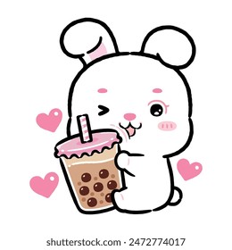 Cute Bunny Hugging Bubble Milk Tea. Kawaii Style Cartoon