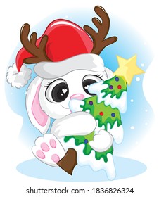 Cute bunny hugging christmas tree with santa hat. merry christmas background.