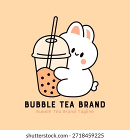 Lindo conejito abrazando taza de té de burbuja. Adorable boba bebida mascota para la marca de bebidas y café.