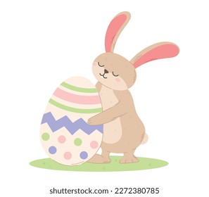 Hübscher Hase, der ein verziertes Osterei umarmt. Vektor einzelne Cartoon-Illustration eines Kaninchens in einer Auflösung.