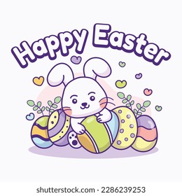 cute bunny hugging eggs celebrating easter