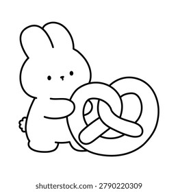 Cute Bunny Hugging a Giant Pretzel Coloring Page for Kids and Adults, Black and White Line Art with Bold Simple Outlines. Kawaii Bunny Illustration Cuddling a Fresh Baked Pretzel in a Sweet and Cozy Bakery Coloring Page for Kids. Easy to Color Cute Animal and Cozy Bakery Themed. Printable Kawaii Bakery Coloring Books and Cozy Cafe Themed Activity Pages for Homeschool Worksheets. Cute Animal Coloring Page. 