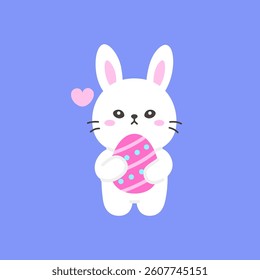 Cute Bunny Hugging a Pink Easter Egg with a Floating Heart on Soft Blue Background