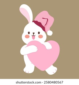 A cute bunny hugging a pink heart.