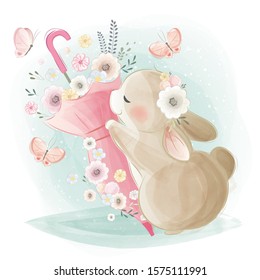 Cute Bunny Hugging a Pink Umbrella