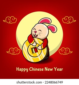 Cute bunny hugs coin. Vector illustration for chinese new year.