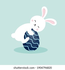 Cute bunny hugs an Easter egg. Vector character for kids in cartoon style. Illustration for the Easter holiday. Drawing for a postcard.