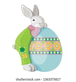 Cute bunny hugs easter painted egg. Vector illustration isolated on white background.