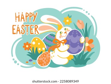Cute bunny hunt of chocolate eggs. Easter holidays, traditional games. Greeting card. Vector illustration.