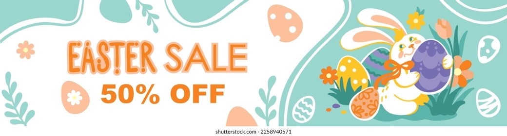 Cute bunny hunt of chocolate eggs. Easter holidays. Banner. Vector.