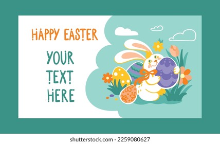 Cute bunny hunt of chocolate eggs. Easter holidays. Flyer. Vector.
