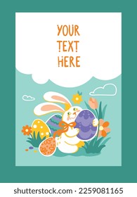 Cute bunny hunt of chocolate eggs. Easter holidays. Flyer. Vector.