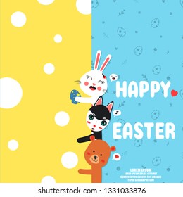 cute bunny husky and teddy cartoon vector.happy Easter day kid card.