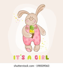 Cute Bunny with Ice Cream. Baby Shower or Arrival Card in vector