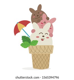 Cute bunny ice cream cone vector cartoon isolated on white background. Pastel sweet menu vector. Chocolate, strawberry, and vanilla flavor of ice cream cone. 