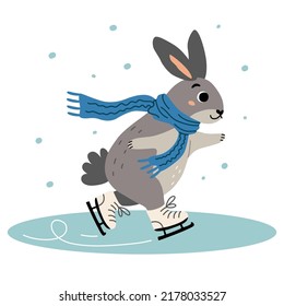 Patinaje sobre hielo. Conejo, personaje de liebre. Ilustración de la recreación de invierno con vectores a mano.