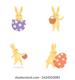 Cute bunny icons set cartoon vector. Rabbit and easter egg. Spring religious holiday