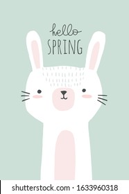 Cute bunny illustration with hello spring lettering. Hello spring design element, poster design, card. Happy Easter.