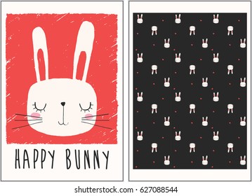 Cute bunny illustration and pattern set for apparel or other uses,in vector. 