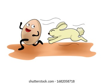 cute bunny illustration running fast chasing easter eggs with joy