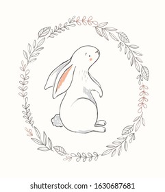 Cute bunny illustration with spring wreath. Hand drawn vector rabbit character for baby girl nursery, easter cards, posters.