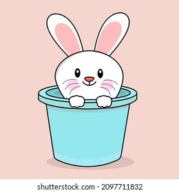 Cute bunny illustration vector hide in blue bucket with isolated pastel background