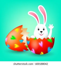 Cute bunny  inside a cracked easter egg. Illustration isolated on green background. Happy Easter day concept.