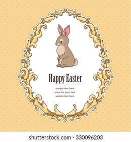 Cute bunny inside vintage frame baroque style . Template card for Easter design
