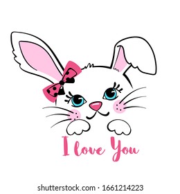 Cute bunny isolated on white background. Love concept. Design element for t-shirt print, apparel or greeting cards. Vector illustration.