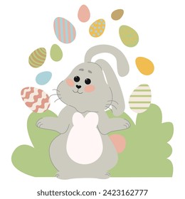 Cute bunny juggles Easter eggs. Rabbit icon isolated on white background. For Moon Festival, Chinese Lunar Year of the Rabbit, Easter decoration.