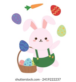 Cute bunny juggling with Easter eggs on white background