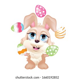 Cute bunny juggling eggs kawaii cartoon vector character. Adorable and funny Pascha animal symbol isolated sticker, patch. Joyful Easter hare. Anime baby rabbit emoji on white background