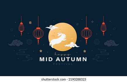 Cute Bunny jump in front of the moon illustration design concept for mid autumn celebration