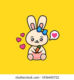 Cute bunny kawaii with hearts on yellow background. Vector illustration 