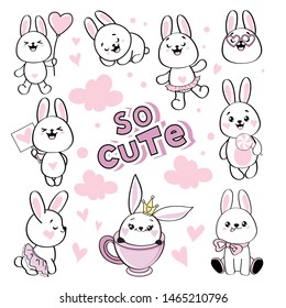 Cute bunny in kawaii style collection on white background