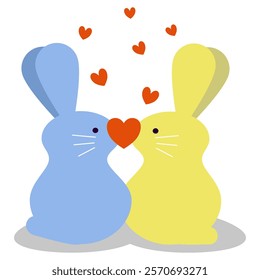 Cute bunny kissing together with red heart shape.Love concept, a couple of sweet happy kissing bunny for greeting card design. Vector illustration.