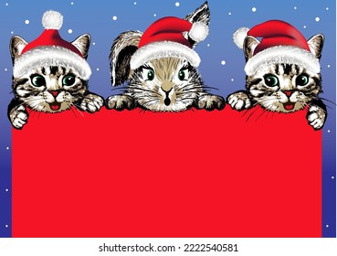 Hermosa conejita y gatitos con sombrero de Papá Noel rojo con espacio para copiar. Ilustración vectorial de Navidad.