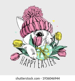 Cute Bunny in the knitted hat, with the tulip flowers and egg. Easter card, Humorous composition, hand drawn style print. Vector illustration.