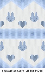 Cute bunny knitting cross stitch embroidery ornaments geometric seamless knitted pattern. Perfect geometry Ester decorative design fabric, clothing, texture, greeting card, sweater, knitwear, prints 