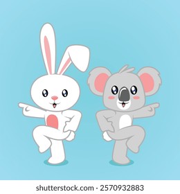 cute bunny and koala dancing together