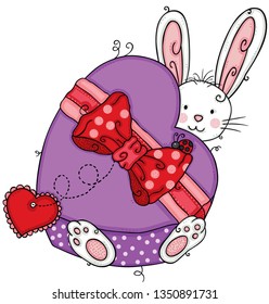 Cute bunny with a large purple gift box heart