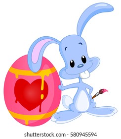 Cute bunny leaning on his painted Easter egg and holding a paintbrush