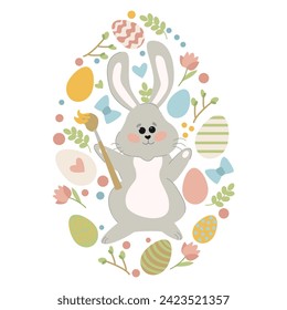 Cute bunny lies with Easter eggs. Rabbit icon isolated on white background. For Moon Festival, Chinese Lunar Year of the Rabbit, Easter decoration.