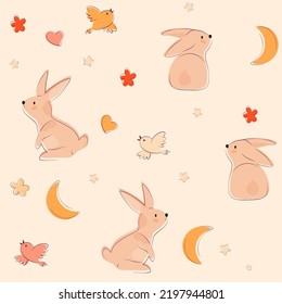 cute bunny and little flying birds, half moon and flowers. fairy childish pattern design for wallpaper, fabric, gift wrapping