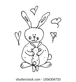Cute bunny with a little bunny. Line drawing. Vector illustration.