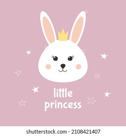 Cute bunny little princess. Rabbit girl with crown. Design for baby, kids poster, card, invitaton, print.