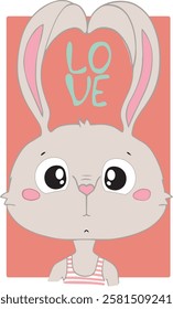 Cute Bunny, little rabbit. Funny bunny face. Portrait. Vector illustration for children print design. Nursery decor, postcard, poster for Valentine's day with love text. Isolated background and text.