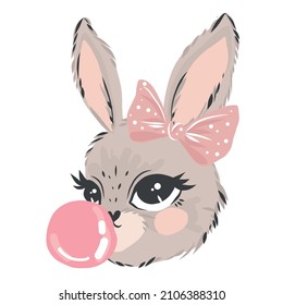 Cute bunny. Little rabbit girl with cute bow. T-shirt graphics for kids. vector illustration.