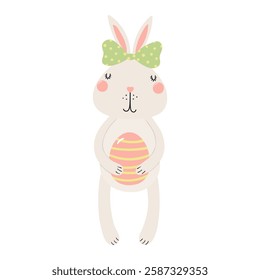 Cute bunny, little rabbit holding Easter egg character illustration. Hand drawn flat style design, isolated vector. Holiday clip art, kids print element, seasonal card, banner, poster