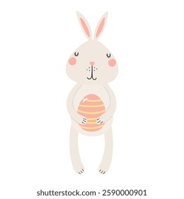 Cute bunny, little rabbit holding Easter egg character illustration. Hand drawn flat style design, isolated vector. Holiday clip art, kids print element, seasonal card, banner, poster
